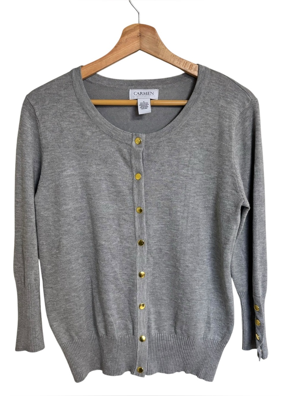 Carmen Marc Valvo gray 3/4 sleeve gold snap buttons cardigan sweater size small